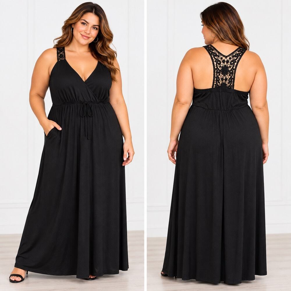 Vintage Torrid Black Maxi Dress 4X Sleeveless Crochet Lace V Neck Empire Waist